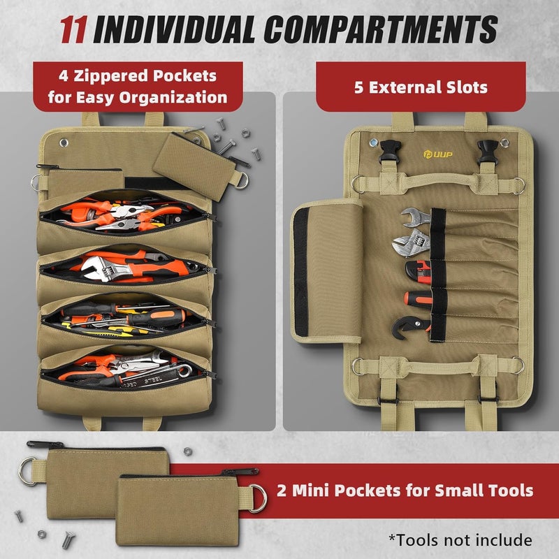 UUP Tool Bag Roll Up, Heavy Duty Rolled Empty Tool Storage Organization, Portable Foldable Rollup Organizer with 2 Small Pouches, Rollable Carrying Toolbag, Dad Men Mechanic Birthday Gifts, Khaki - Image 2